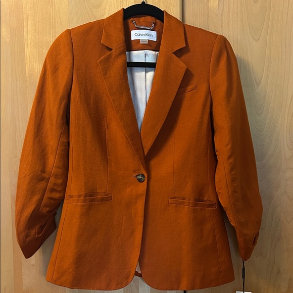 Calvin Klein Linen Ruched 3/4 Sleeve Blazer - Picture 3 of 13